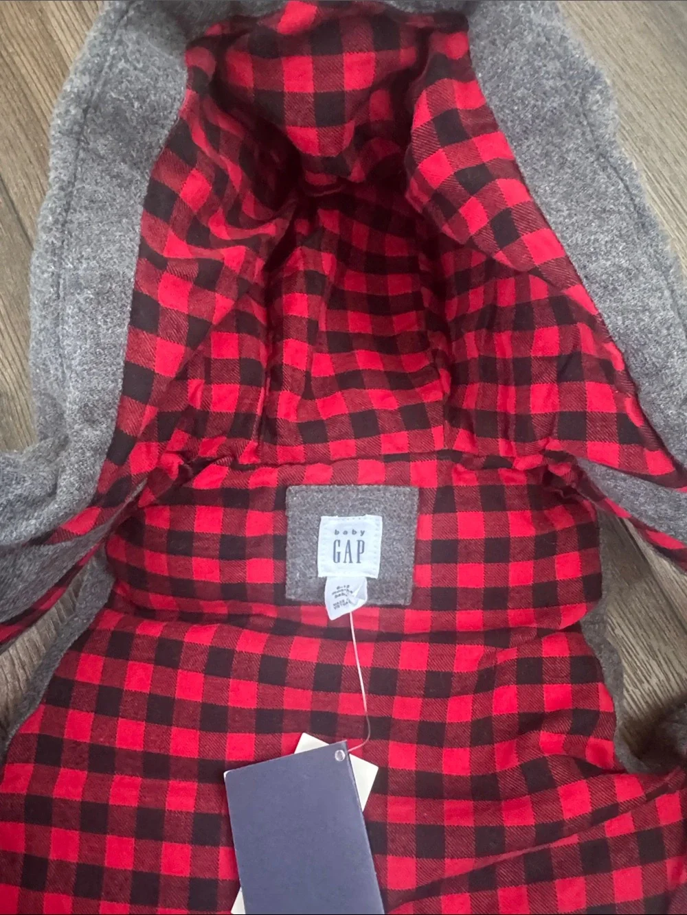 GAP Kids Gray Hooded Puffer Vest with Red Plaid Lining